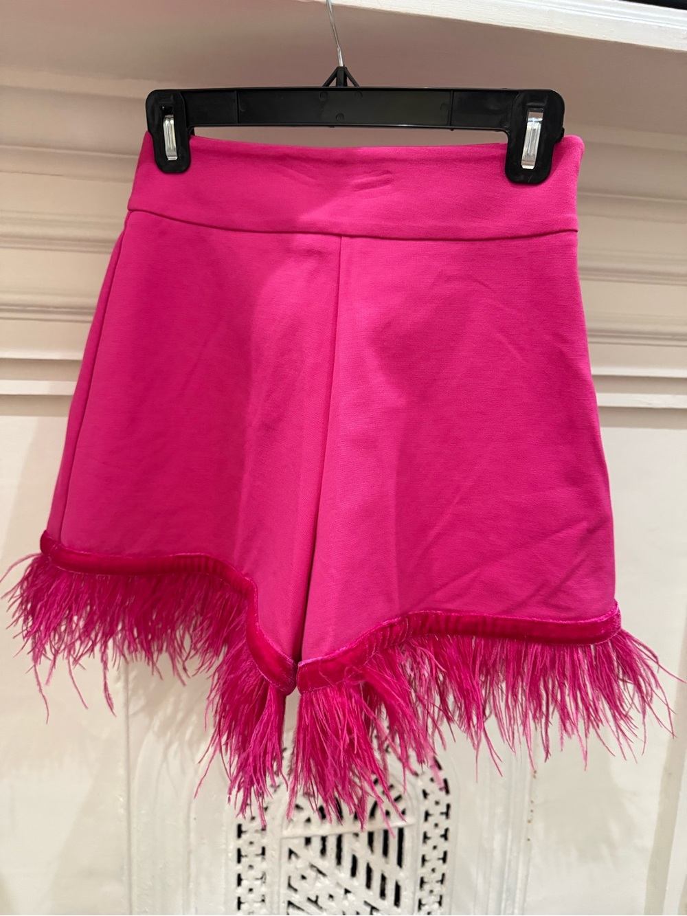 High-Waist Feather Trim Hot Pink Women's Shorts